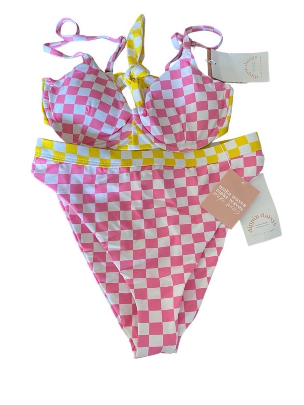 Dippin Daisys Betty Underwire Bikini Set Pink  & Yellow Checkerboard NWTs small